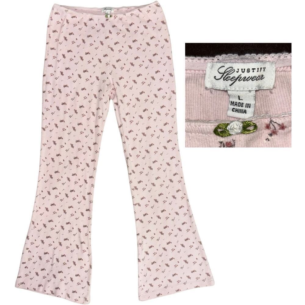 Vintage Justify Sleepwear Flare Pajama Pants Pink Floral Ribbed Size Large